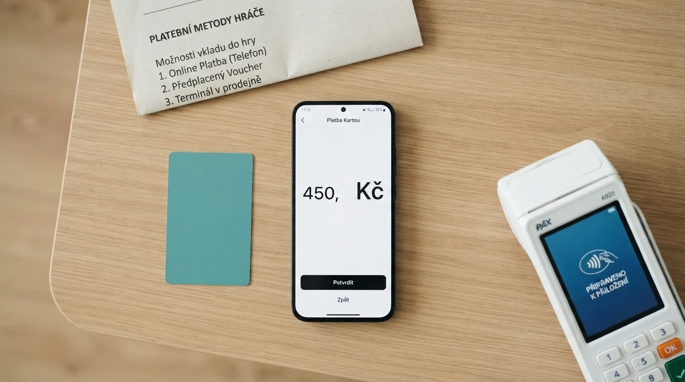 Koláž platebních karet, Paysafecard kuponu, mobilu s Aircash aplikací a bankovní obrazovky