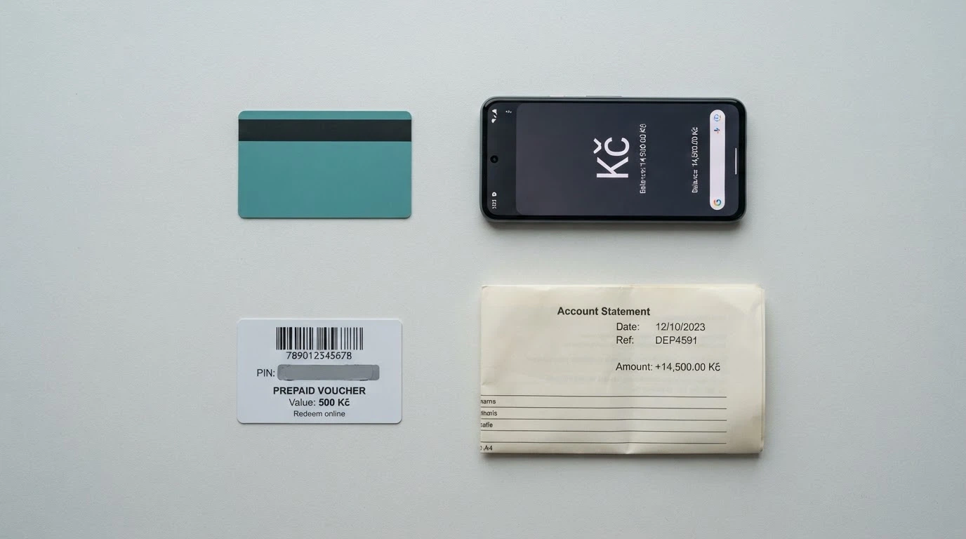 Platební karta, telefon s Apple Pay, Paysafecard poukaz a bankovní převod — čtyři cesty k vkladu 200 Kč