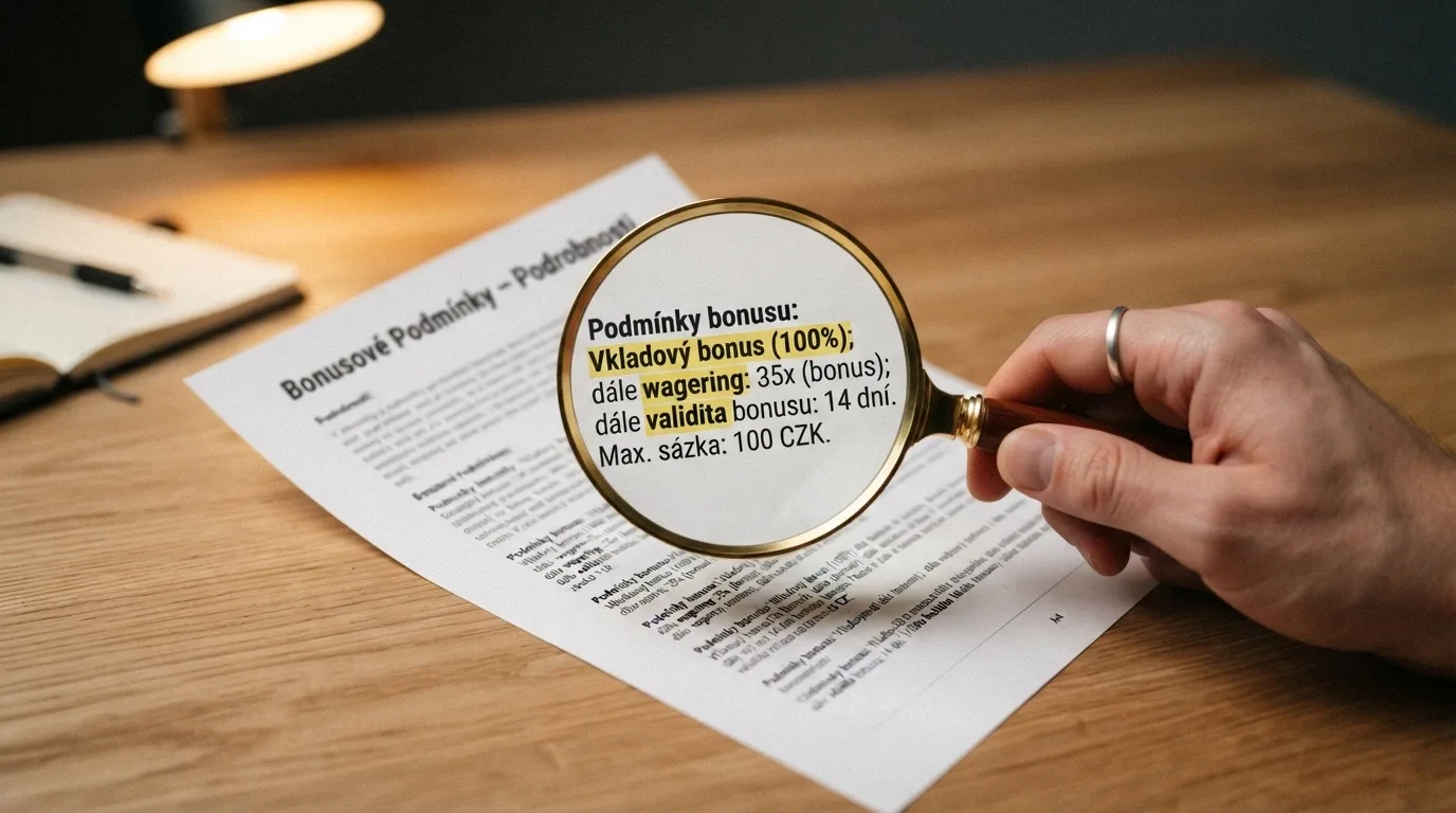 Lupa nad textem uvítacího bonusu — zvýrazněné řádky o wageringu, validitě a maximální sázce při protočení