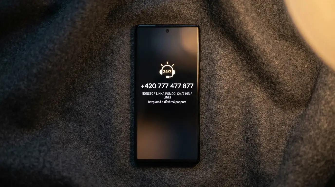 Telefon s číslem linky pomoci +420 777 477 877 na displeji vedle ikony nonstop provozu