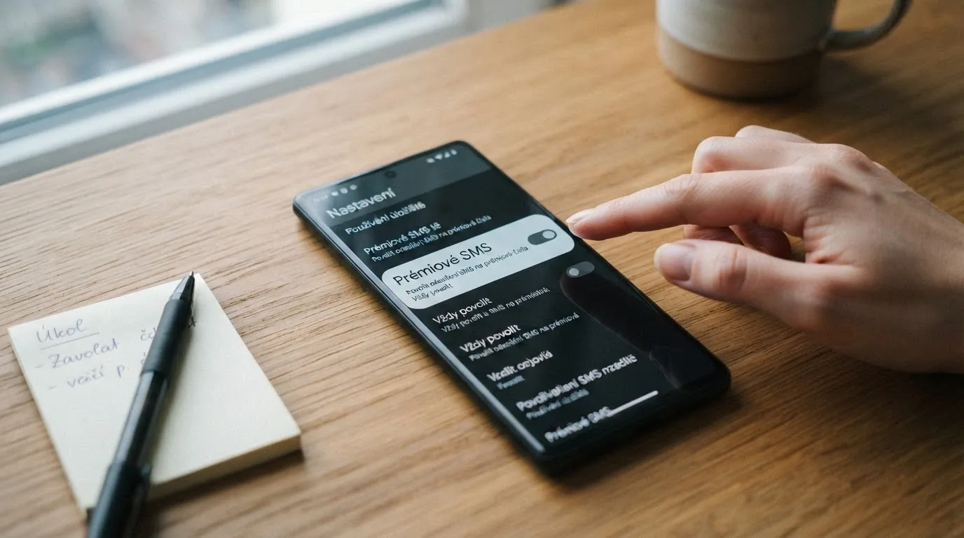 Rozhraní mobilního telefonu s otevřenou SMS zprávou a textem pro M-platbu, vedle logo operátora.