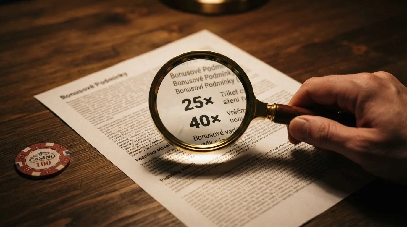 Zvětšovací sklo nad textem bonusových podmínek s čísly 25× a 40×