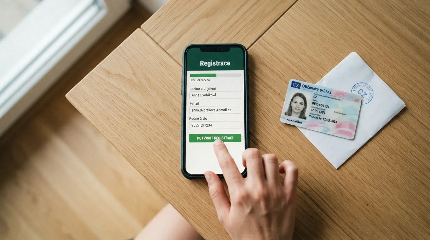 Obrazovka počítače s formulářem registrace do online casina, vedle občanský průkaz a mobilní telefon s ověřovacím kódem