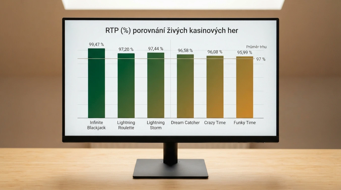 Přehledná tabulka RTP a volatility živých her na monitoru s grafickými ukazateli
