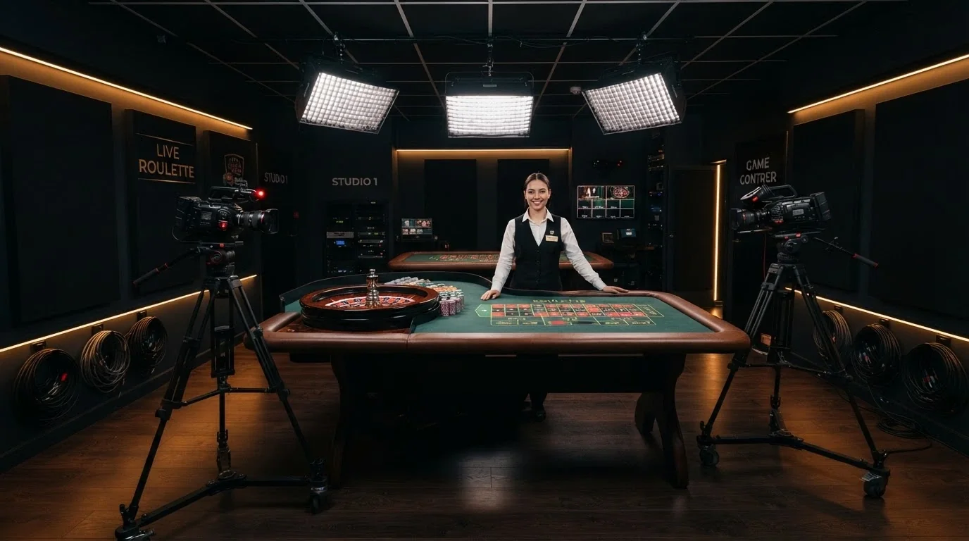 Herní studio s ruletovým stolem, krupiérem a kamerami nad hrací plochou