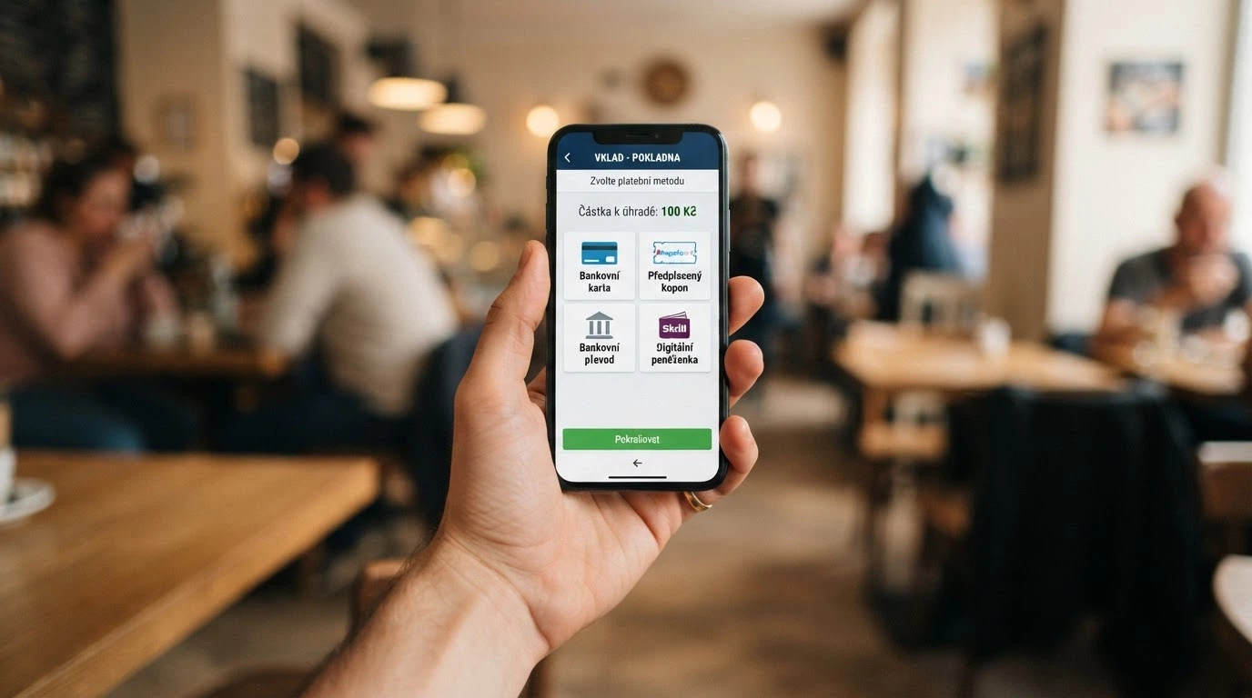 Pokladní sekce casina s výběrem platebních metod – ikony karty, Paysafecard, bankovního převodu a e-peněženek, zobrazená částka 100 Kč