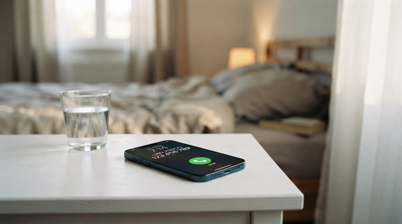 Telefon s vytočeným číslem linky pomoci na displeji, vedle sklenice vody