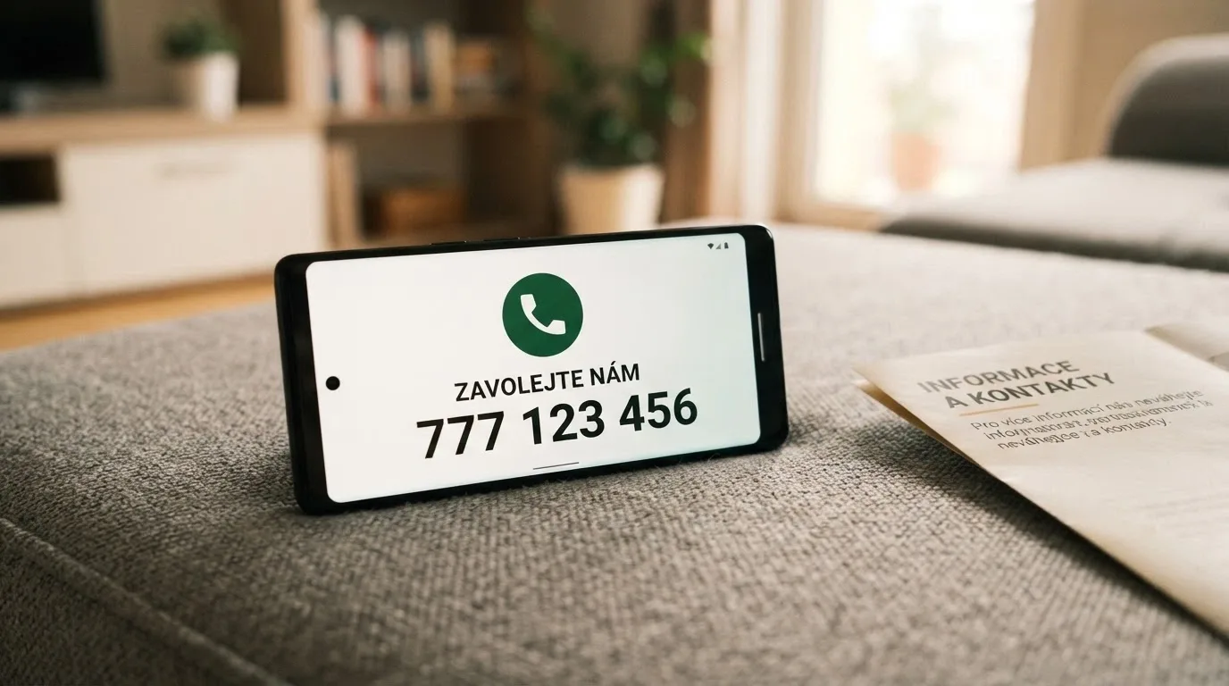 Telefon s vytočeným číslem 800 350 000 na displeji — Národní linka pro odvykání hraní — vedle leží leták s kontakty a odkazem na chciodvykat.cz.