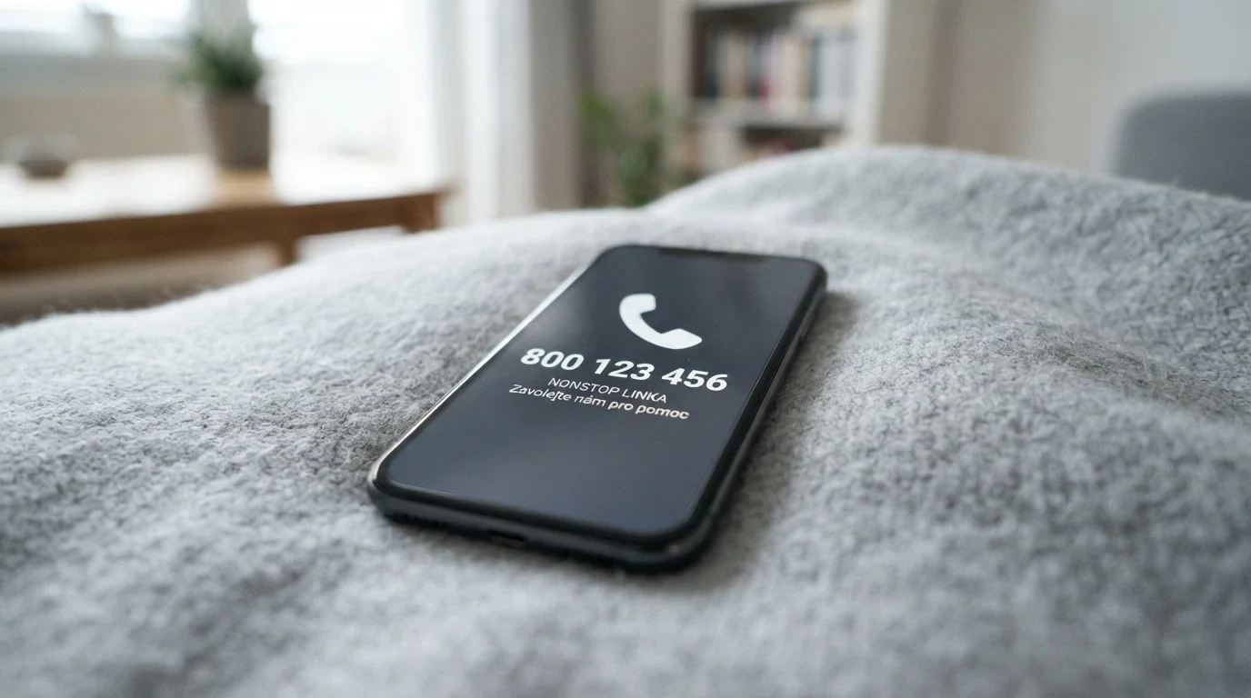 Telefonní sluchátko a číslo linky pomoci 800 35 00 00 na obrazovce