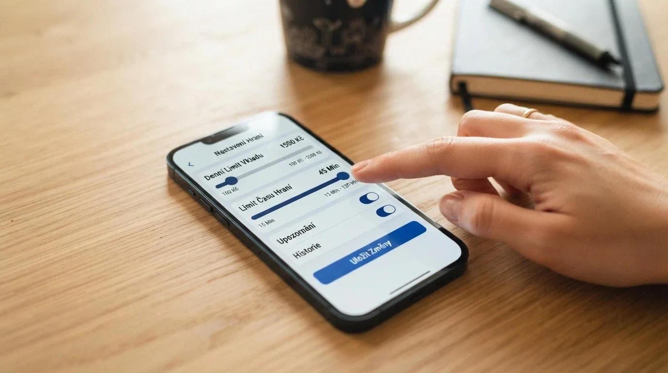 Telefon s otevřenou aplikací pro nastavení herních limitů, na obrazovce posuvníky pro denní vklad a čas hraní