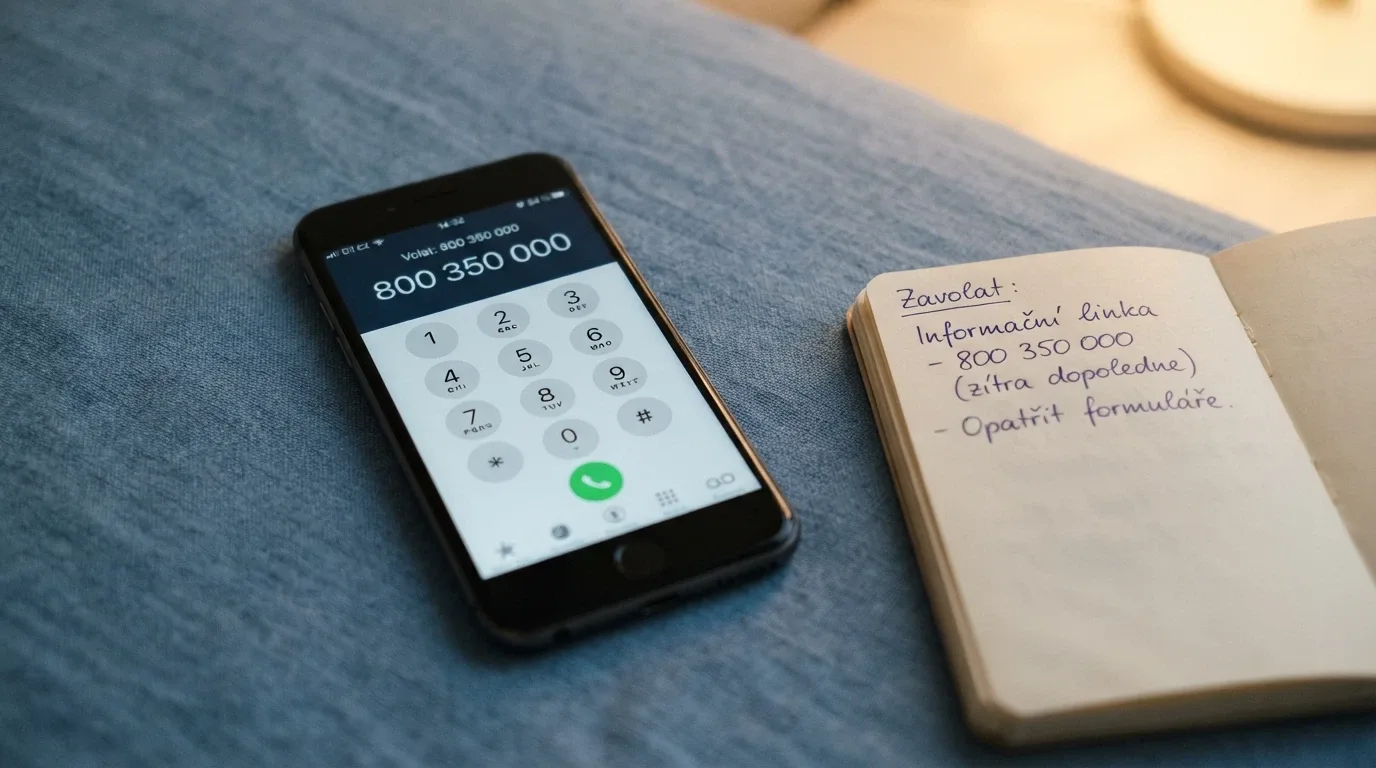 Telefon s vytočeným číslem 800 350 000 na displeji, vedle logo Národní linky pro odvykání hraní.