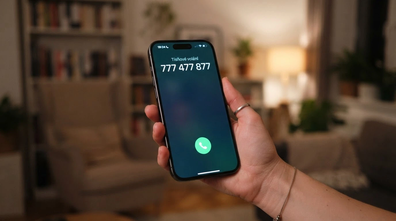 Telefon s vytočeným číslem linky důvěry na obrazovce