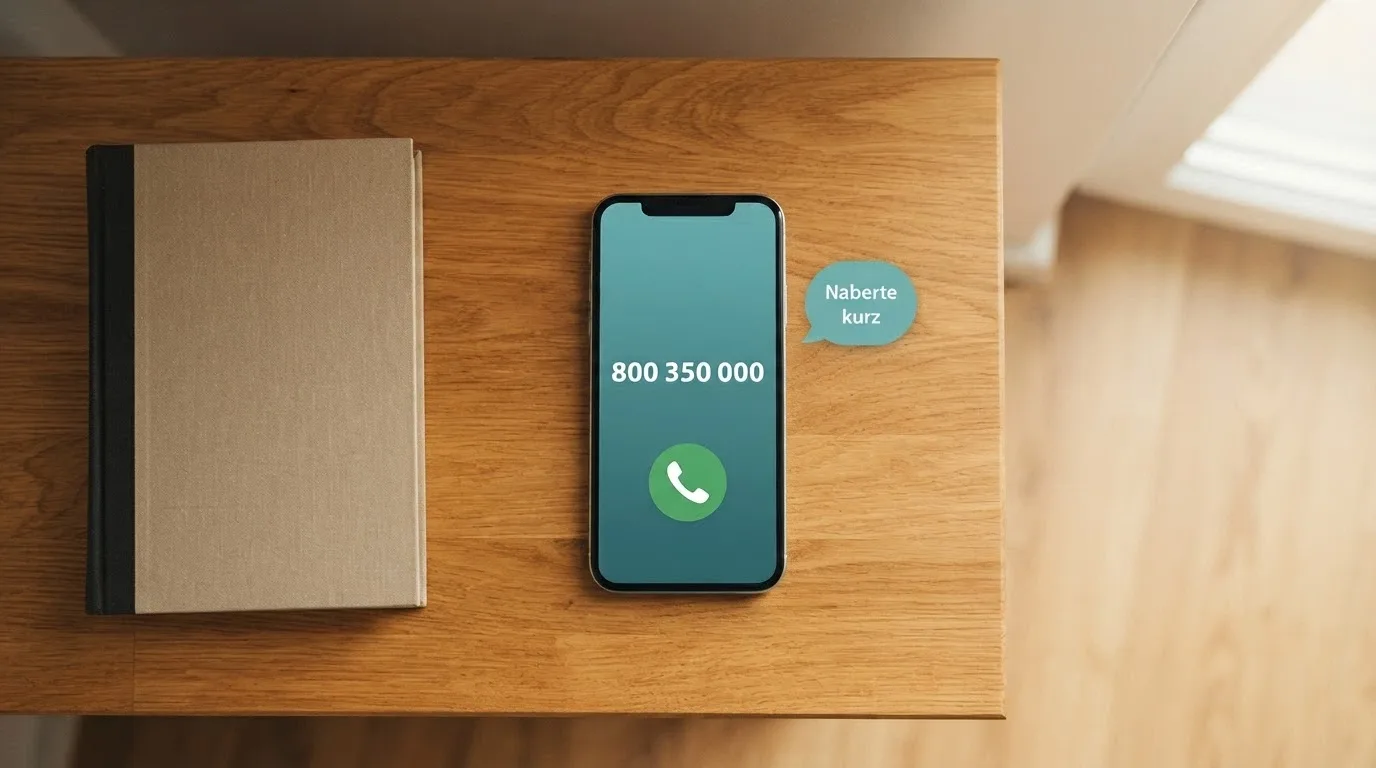 Telefon s vytočeným číslem 800 350 000 na displeji, vedle ikona chatu s nápisem „Naberte kurz“ — teplé barvy, ne výhrůžné
