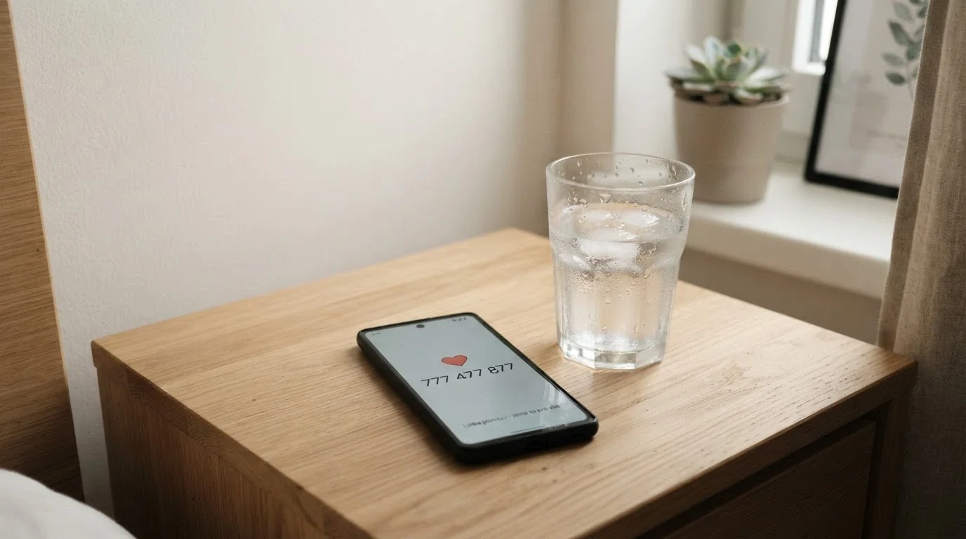 Telefon s číslem linky důvěry na displeji a sklenice vody vedle něj — tón klidu, ne strachu